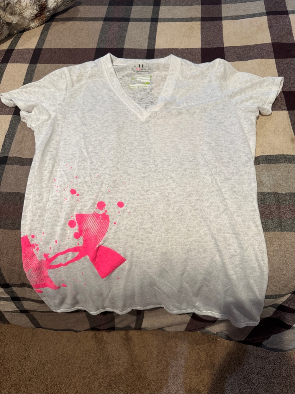 Under Armour White V-Neck Tee with Neon Pink Splash Logo